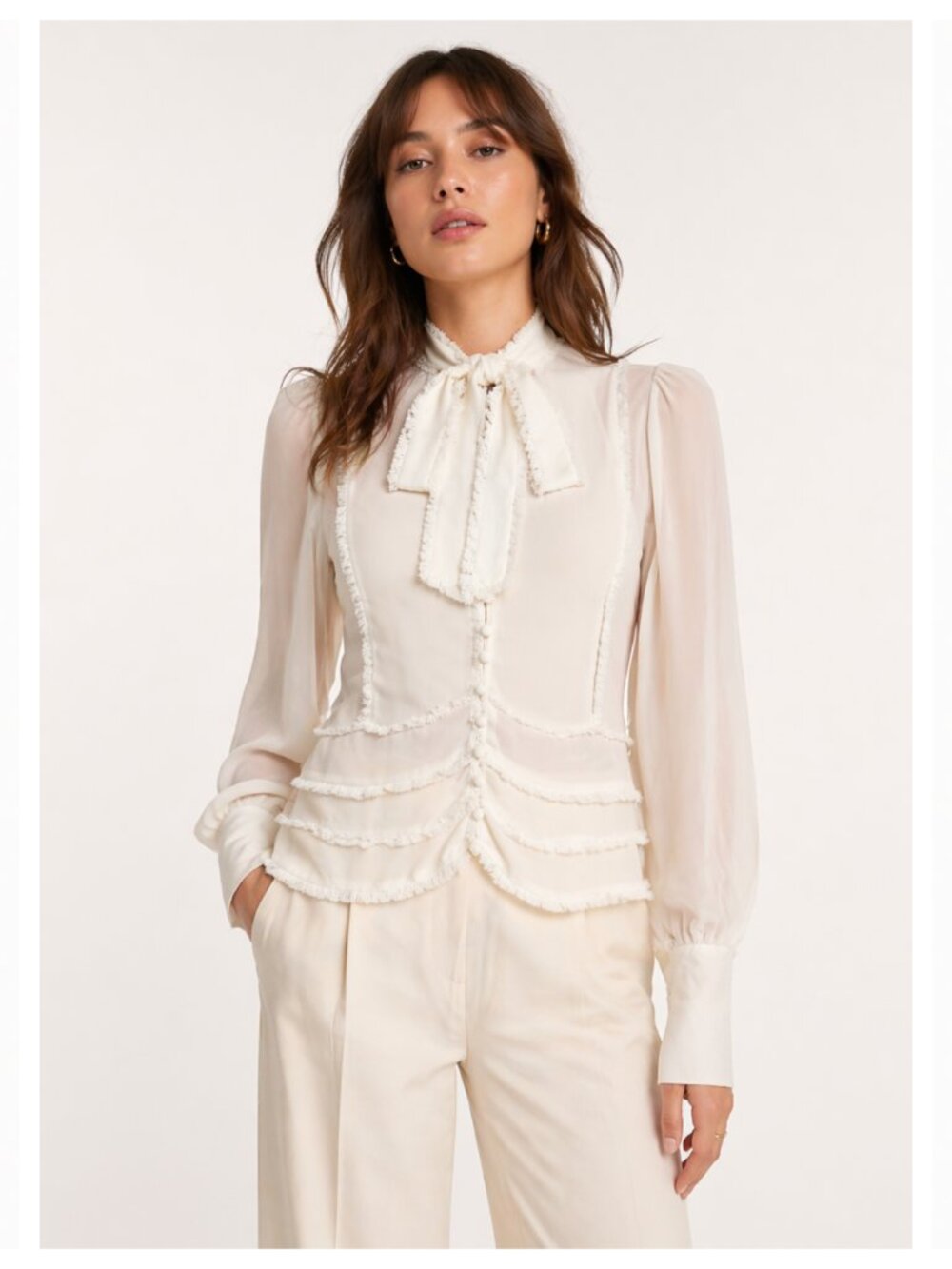 ALEXIS 100% Silk White Neck Tie Button Front Peasant Blouse